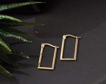 Rectangular Huggie Hoop Earrings, Gold Long Hoop Earrings Rectangle, Gold Geometric Earrings, Minimalist Drop Earrings