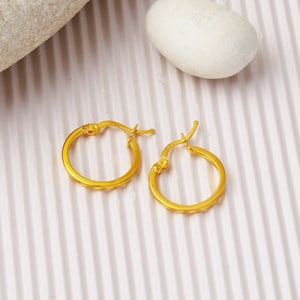 22K Solid Gold Hoop Earrings, Sparkling Gold Hoop, Medium Size Hoop 2cm, Yellow gold Earrings for Women, Valentine Day Gift