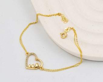 Gold Heart Charm Chain Bracelet, Dainty Heart Design Love Bracelet, Minimal Heart Jewelry for Gift, Mom, Her