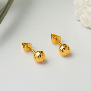 8k Yellow Gold Ball Stud Earrings, Gold Ball Stud Earrings with Spiral Engraving, Dainty Ball Studs 6mm, Birthday Gift Her