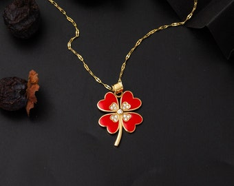 14K Real Gold Enamel Clover Necklace, Dainty Enamel Shamrock Pendant, 4-Leaf Clover Necklace, Lucky Necklace