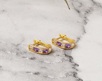 Purple Cz Tiny Stones Earrings, Gold Child Earrings, 14K Solid Gold Earrings Kids and Teenagers, Cute Gemstone Earrings