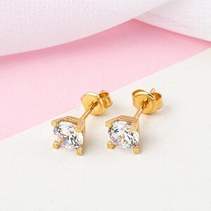 Yellow Gold Solitaire Stud Earrings, Screw-back Round Cubic Zirconia Studs in 14K Solid Gold, Unisex DesignEarrings