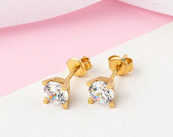 Yellow Gold Solitaire Stud Earrings, Screw-back Round Cubic Zirconia Studs in 14K Solid Gold, Unisex DesignEarrings