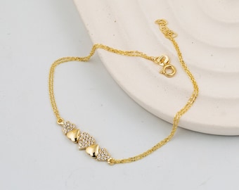 Real Gold Heart Charm Chain Bracelet, Dainty Heart Design Love Bracelet, Minimal Heart Jewelry for Gift, Mom
