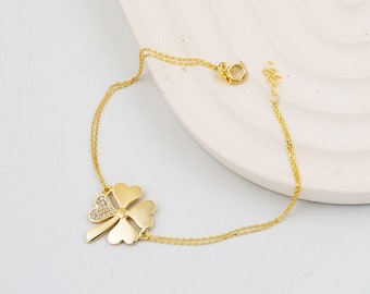 Four Leaf Clover Lucky Gold Bracelet, Gold Fashion Lucky Bracelet, Four-Leaf Minimal Charm, Clover Jewelry Gift, Her, Mom