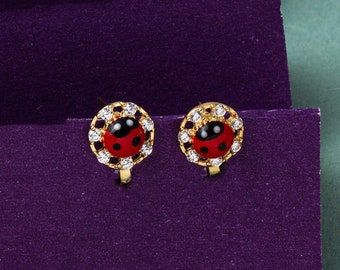 14K Gold Ladybug Child Earrings, Ladybird Good Luck Earring, Toddlers Earrings, Gift for Daughter
