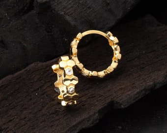 Gold Honeycomb Earrings, Hexagon Earrings, Huggie Hoop Earrings, Minimalist Earrings, Simple Everyday Hoops
