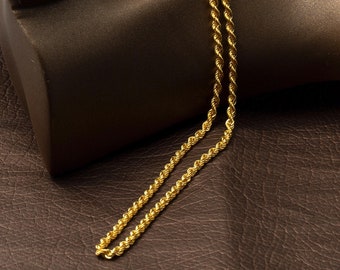 8K Gold Rope Chain Necklace 55cm, Twisted Solid Gold Chain Necklace, Dainty Rope Necklace, Diamond Cut Chain Necklace