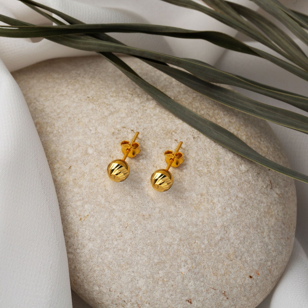22K Solid Gold Ball Stud Earrings, Round Ball Gold Earrings 6mm, Ball