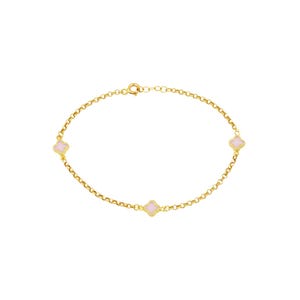 Pink Colored Clover Gold Bracelet, Clover Gold Bracelet, Solid Gold Bracelet