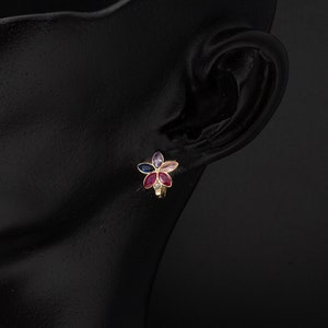 Dainty 14K Gold Child Earring, Little Girl Flower Gold Earring, Colorful CZ Flower Hoop Earrings
