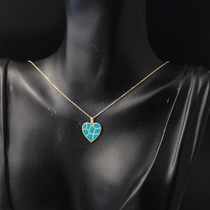 Gold Heart Enamel Pendant, Solid Gold Blue Enamel Heart Choker Necklace, Enamel Heart Jewelry, Valentine Girlfriend Gift