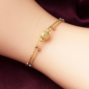 Solid 14K Yellow Gold Ball Moon Cut Bead Bracelet, Gold Ball & Chain Bracelet,Gold Layering Two-Row Chain Bracelet, Gift Her