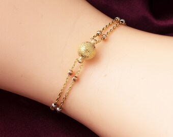 Pulsera de oro amarillo macizo de 14 quilates con cuentas de corte lunar, pulsera de cadena y bola de oro, pulsera de cadena de dos filas con capas de oro, regalo para ella