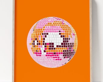Disco Ball Art Print, Digital Art, Orange & Pink