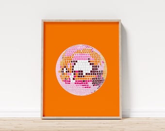 Digital Print, Orange and Pink Disco Ball, Printable Wall Art