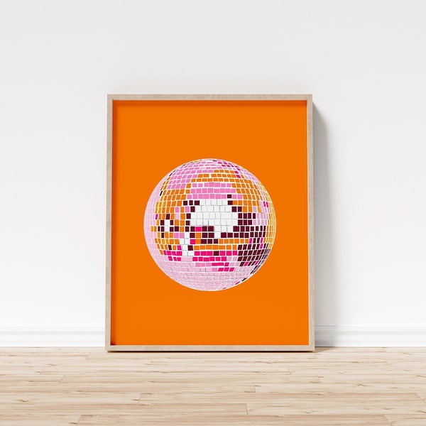 Digital Print, Orange and Pink Disco Ball, Printable Wall Art