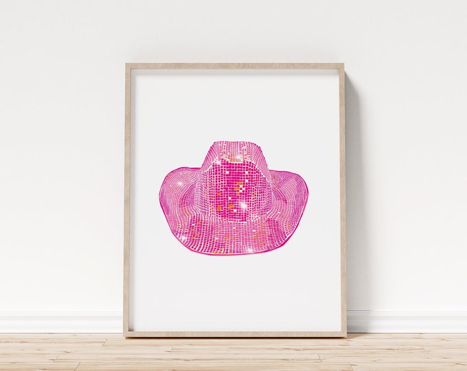 Pink Disco Cowboy Hat Print, Preppy Western Wall Art