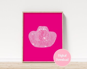Roze discocowboyhoed print, cowgirl muurkunst (digitale download)