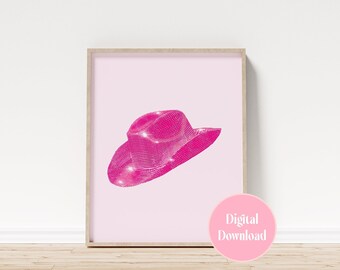 Roze discocowboyhoed-print, cowgirl esthetische slaapzaalkunst (digitale download)