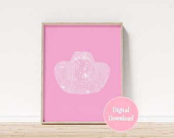 Printable Light Pink Disco Cowboy Hat Wall Art, Cowgirl Aesthetic Decor