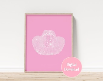 Roze discocowboyhoed print, cowgirl muurkunst (digitale download)