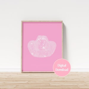 Druckbare Hellrosa Disco Cowboyhut Wandkunst, Cowgirl Ästhetisches Dekor