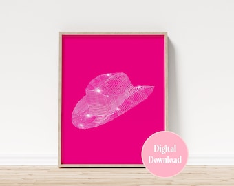 Felroze discocowboyhoed print, kunst aan de muur slaapzaal (digitale download)