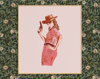 May include: A framed illustration of a woman wearing a cowboy hat and holding a gun. She is wearing a red and white plaid shirt and red pants with the words "Missun Griebe" written on the back pocket.