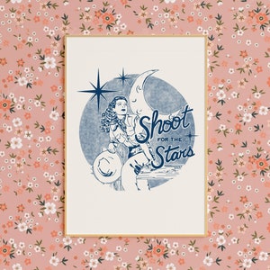 Shoot For The Stars - BLU - Stampa artistica minimalista vintage, stampa d'arte western, arte murale western, arte cowboy, stampa cowgirl, SENZA CORNICE