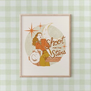 Shoot For The Stars - Verde e Arancione - Stampa artistica minimalista vintage, arte da parete western, arte da cowboy, stampa da cowgirl, SENZA CORNICE