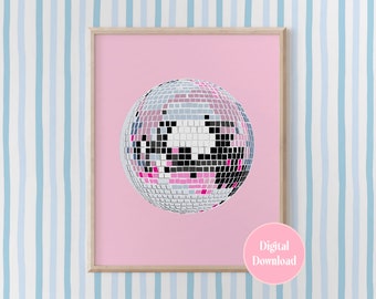 May include: A digital download of a printable poster featuring a pink background and a silver disco ball.