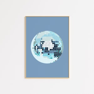 ライトブルーのディスコボールアートプリント、バーカート用の楽しいアート、寮の部屋のアートプリント
