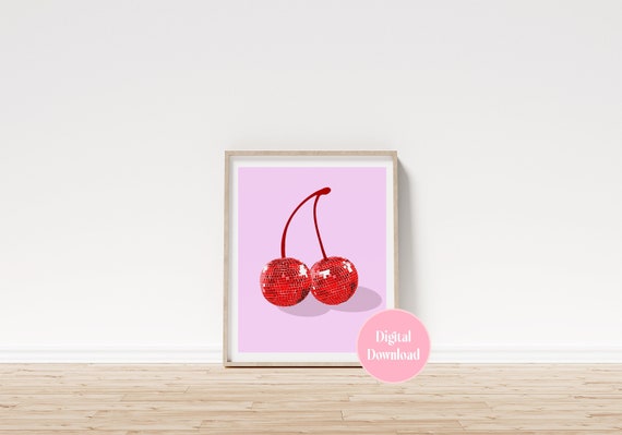 Printable Red Cherry Disco Ball Art Disco Ball Art, Cherry Disco Ball Poster, Cherry Art