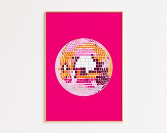 Lámina artística de bola de discoteca magenta – Decoración de pared de galería maximalista