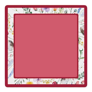 May include: A square frame featuring a solid dark pink center bordered by a thick dark pink outline. The outer edge is decorated with a white border displaying a colorful watercolor pattern of various wildflowers, green leaves, and stems.