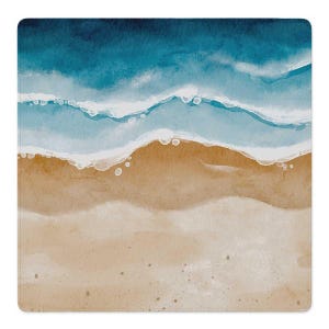 May include: A square watercolor illustration depicting an aerial view of a beach shoreline. The image features a gradient of sandy beige tones transitioning into a tan shoreline, met by rolling ocean waves in shades of light and deep blue.