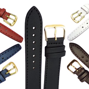 8mm 10mm 12mm 14mm 16mm 18mm 20mm Calf Grain Genuine Leather Watch Straps - Six Colours Available - Gold Coloured Buckles - FREE UK Delivery