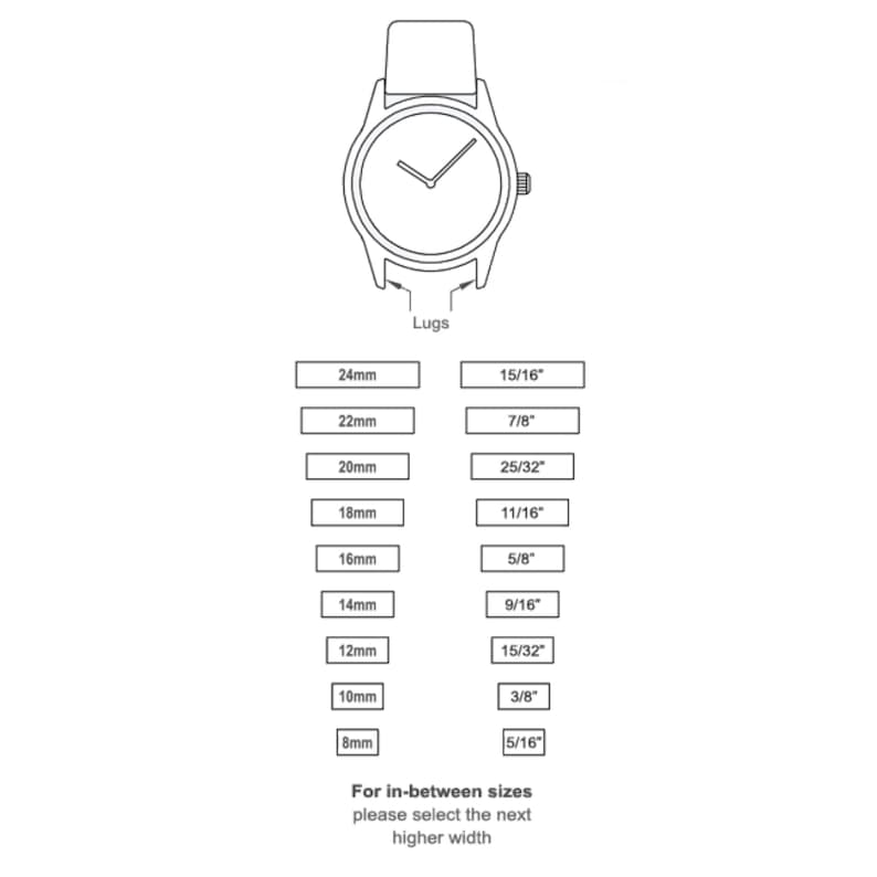 May include: A black and white line drawing of a watch face with a strap. The image shows a chart with different watch lug sizes in millimeters and inches. The text "For in-between sizes please select the next higher width" is below the chart.