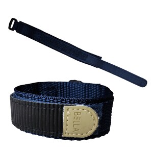 May include: A navy blue adjustable watch strap with a black velcro closure and a gold label that says "BELLA".