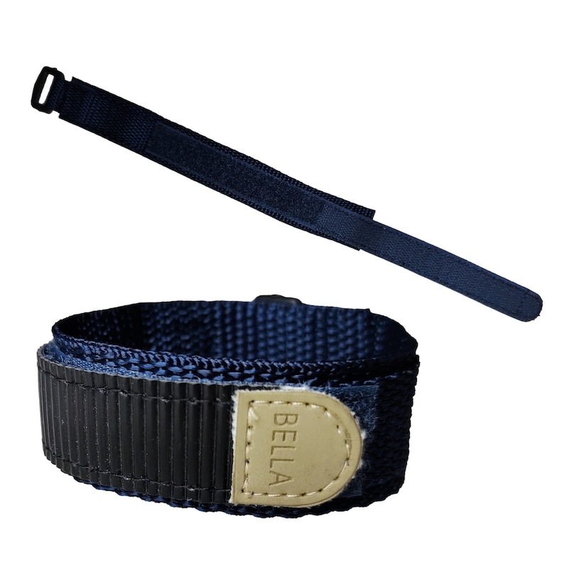 May include: A navy blue adjustable watch strap with a black velcro closure and a gold label that says "BELLA".