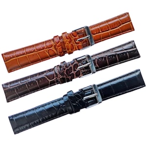 18mm 20mm 22mm 24mm Alligator Grain Leather Watch Straps - Luxury Italian Calf Leather - Stainless Steel or Gold Plated Buckles