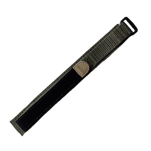 May include: A green nylon watch strap with a black velcro closure and a brown leather patch with the word "BELLAN" embossed on it.