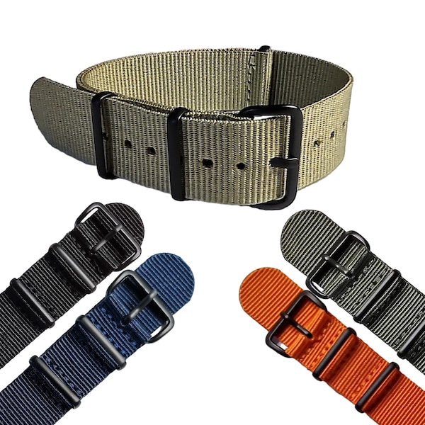 Bracelets de montre en nylon monobloc 16 mm 18 mm 20 mm 22 mm - Bracelets de montre militaire - Boucles en acier noir - Imperméables, lavables