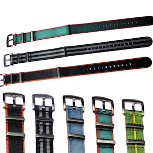 May include: A set of six watch straps in various colors and patterns. The straps are made of nylon and have a buckle closure. The straps are all 20mm wide.