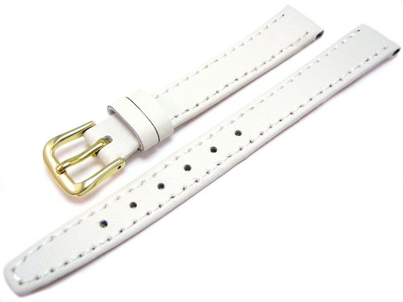 8mm 10mm 12mm 14mm 16mm 18mm 20mm Calf Grain Genuine Leather Watch Straps Six Colours Available Gold Coloured Buckles FREE UK Delivery Biały