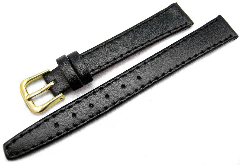 8mm 10mm 12mm 14mm 16mm 18mm 20mm Calf Grain Genuine Leather Watch Straps Six Colours Available Gold Coloured Buckles FREE UK Delivery Czarny