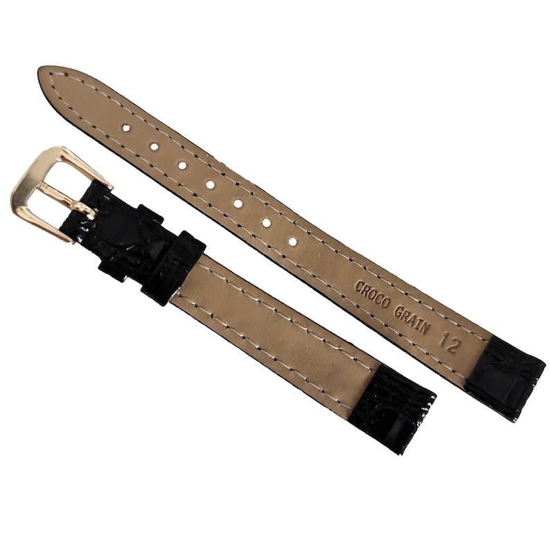 May include: Black leather watch strap with gold buckle and stitching. The strap has a croco grain texture and is labeled "Croco Grain 12".