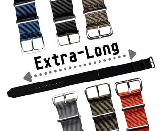 16mm 18mm 20mm 22mm One-Piece Nylon Watch Straps - Extra-Long - Military Wristwatch Straps - Stainless Steel Buckles - Waterproof, Washable